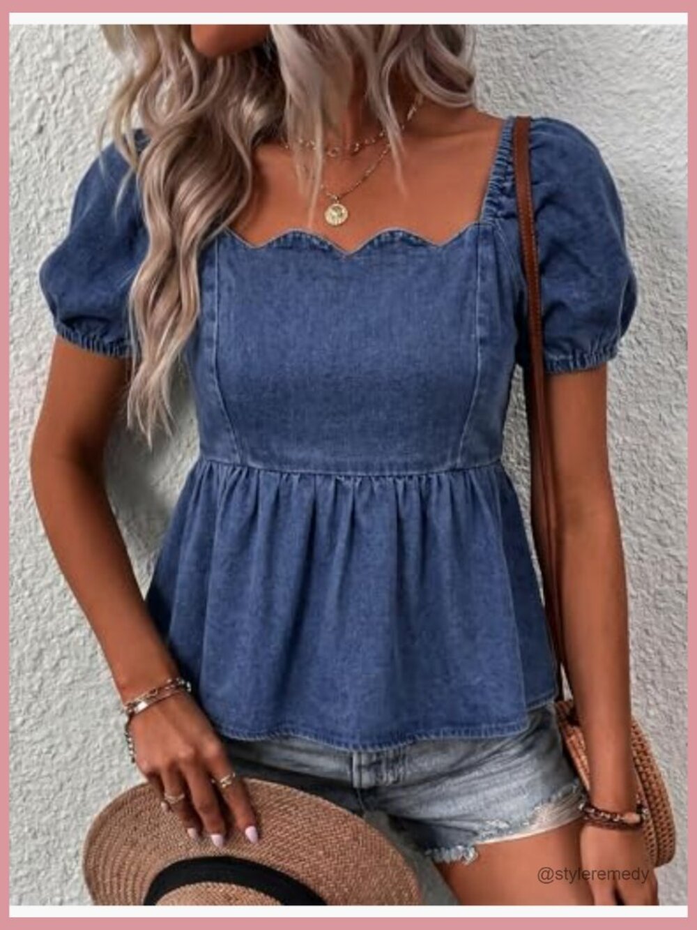 Square Neck Puff Sleeve Denim Top Blouse Button Down Shirt - Picture 5 of 7